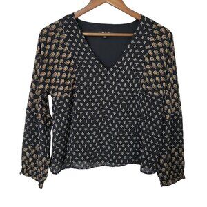 Madewell Sheer-Sleeve Top in Brushstroke Paisley Mix Womens Size XXS Black AD686